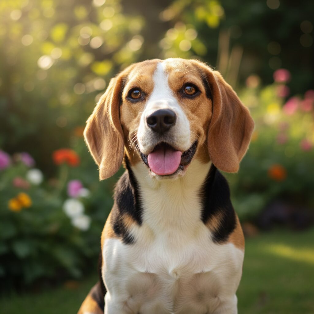 Tricolor Beagle dog sitting in sunlit garden, alert and happy, medium-sized hound, lifestyle pet photography, Beagle care and personality guide