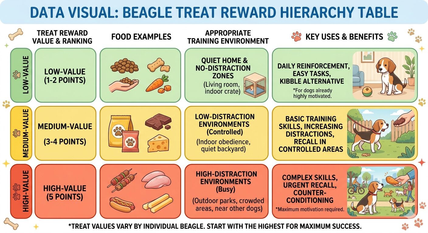 Beagle training treat hierarchy table showing reward values from kibble to high-value meat