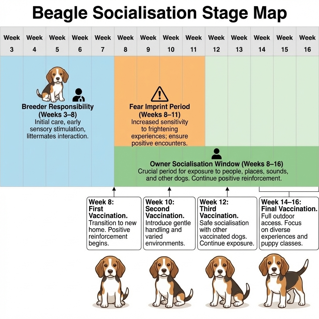 Beagle puppy socialisation stage timeline from week three to sixteen with fear imprint period marked