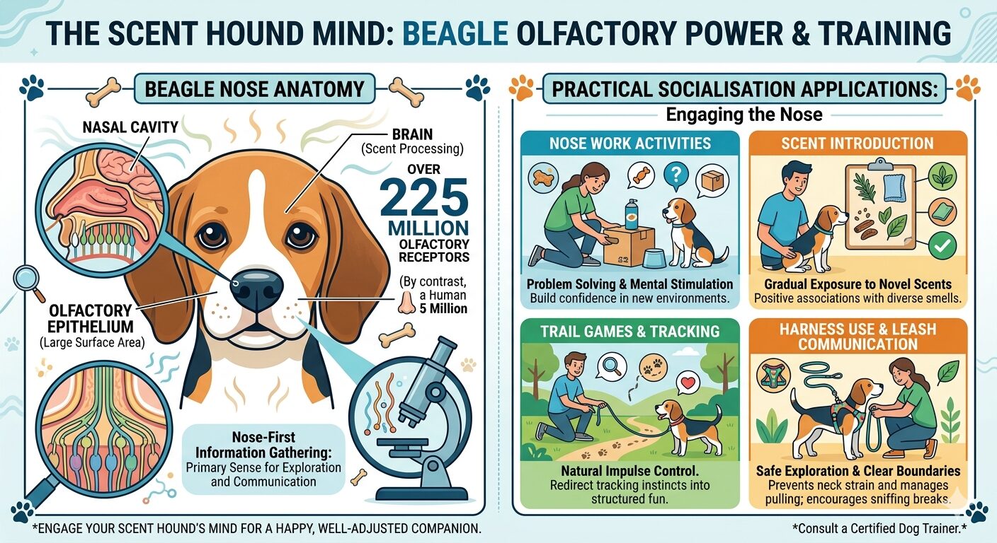 Comparison table showing Beagle scent hound socialisation approach versus generic puppy training