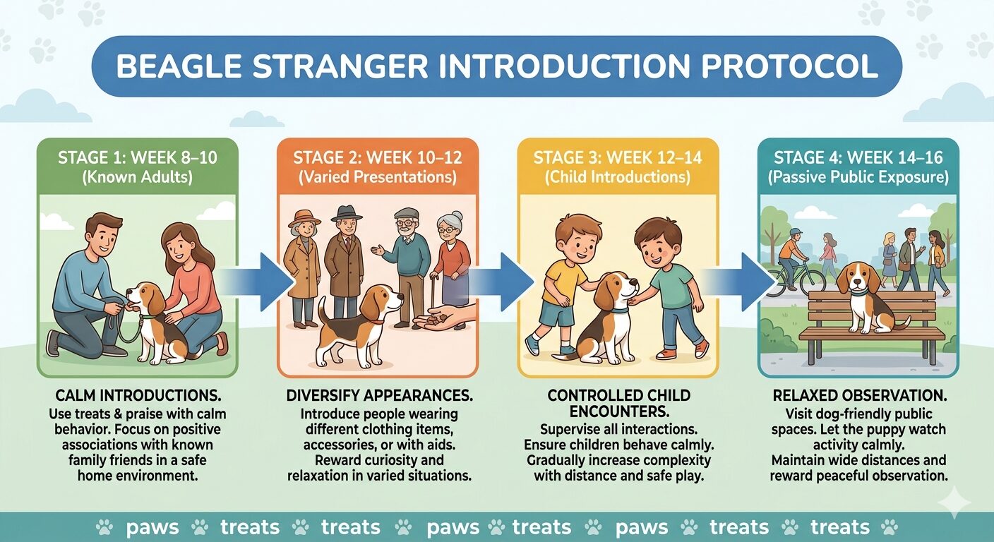 Four-stage Beagle stranger introduction process flow from home setting to public exposure