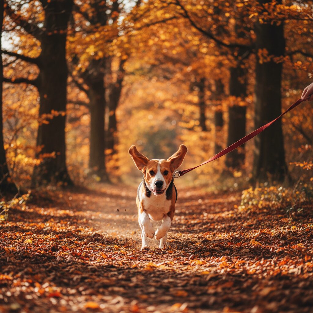 Beagle running at full speed during outdoor exercise.