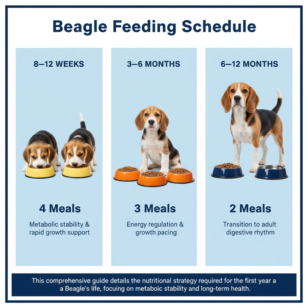 Recommended daily feeding schedule for Beagle puppies and adults by age.