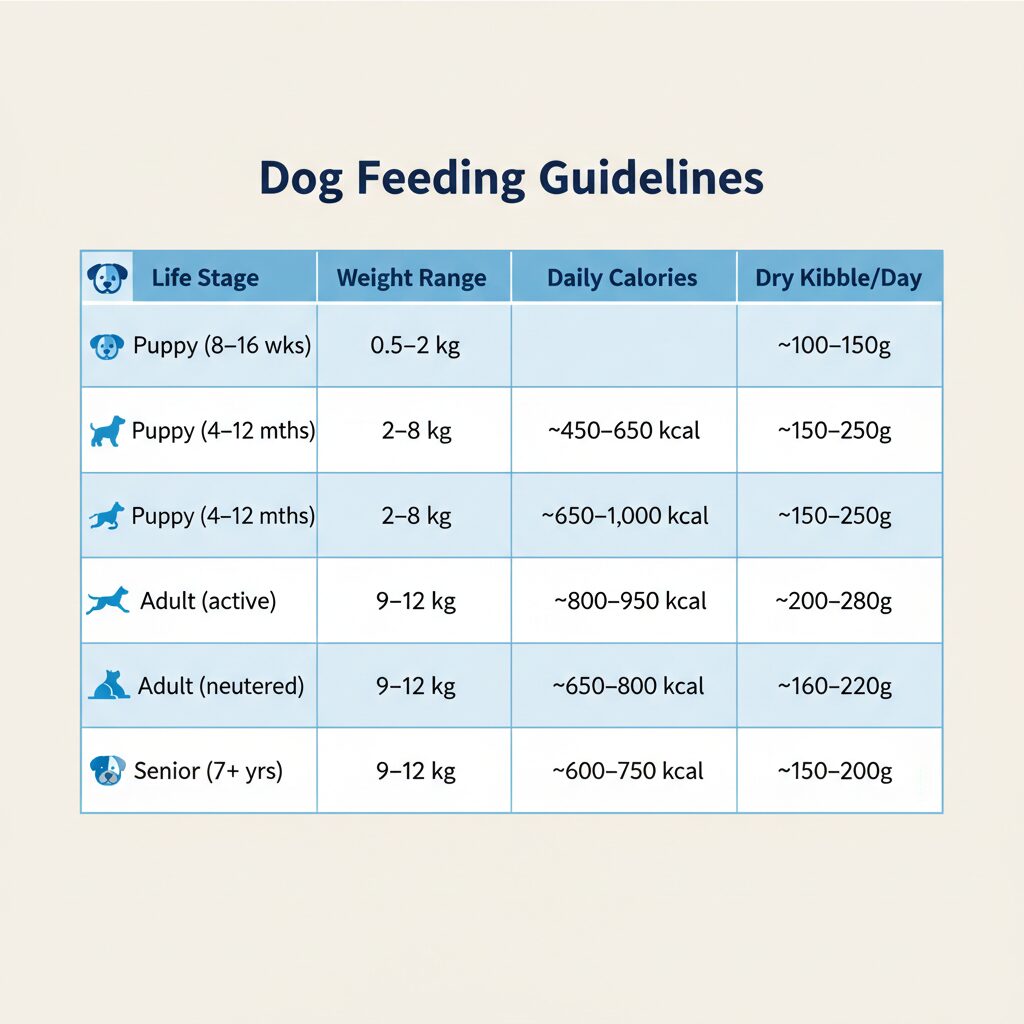 A feeding guideline table showing recommended daily calorie intake and dry kibble amounts for dogs across five life stages: Puppy (8–16 weeks), Puppy (4–12 months), Adult (active), Adult (neutered), and Senior (7+ years)