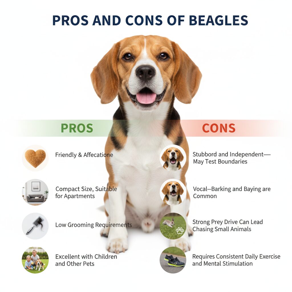 Infographic showing the pros and cons of Beagles, covering temperament, grooming needs, and exercise requirements.