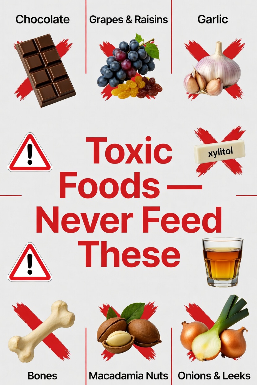 Toxic Foods — Never Feed These Some human foods are genuinely dangerous for dogs. The following should never be given to a Beagle under any circumstances: