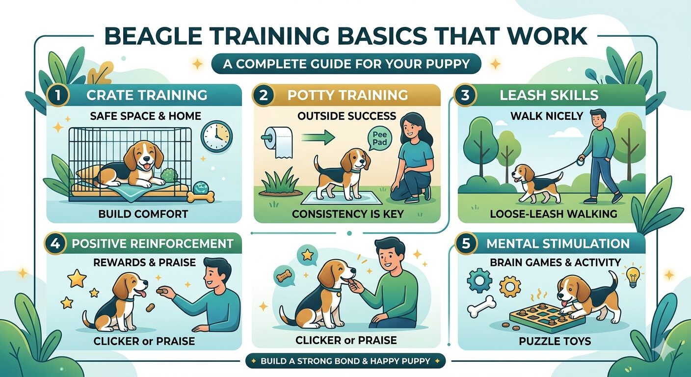 Five essential training commands for Beagle puppies showing progression from sit through recall and leave it