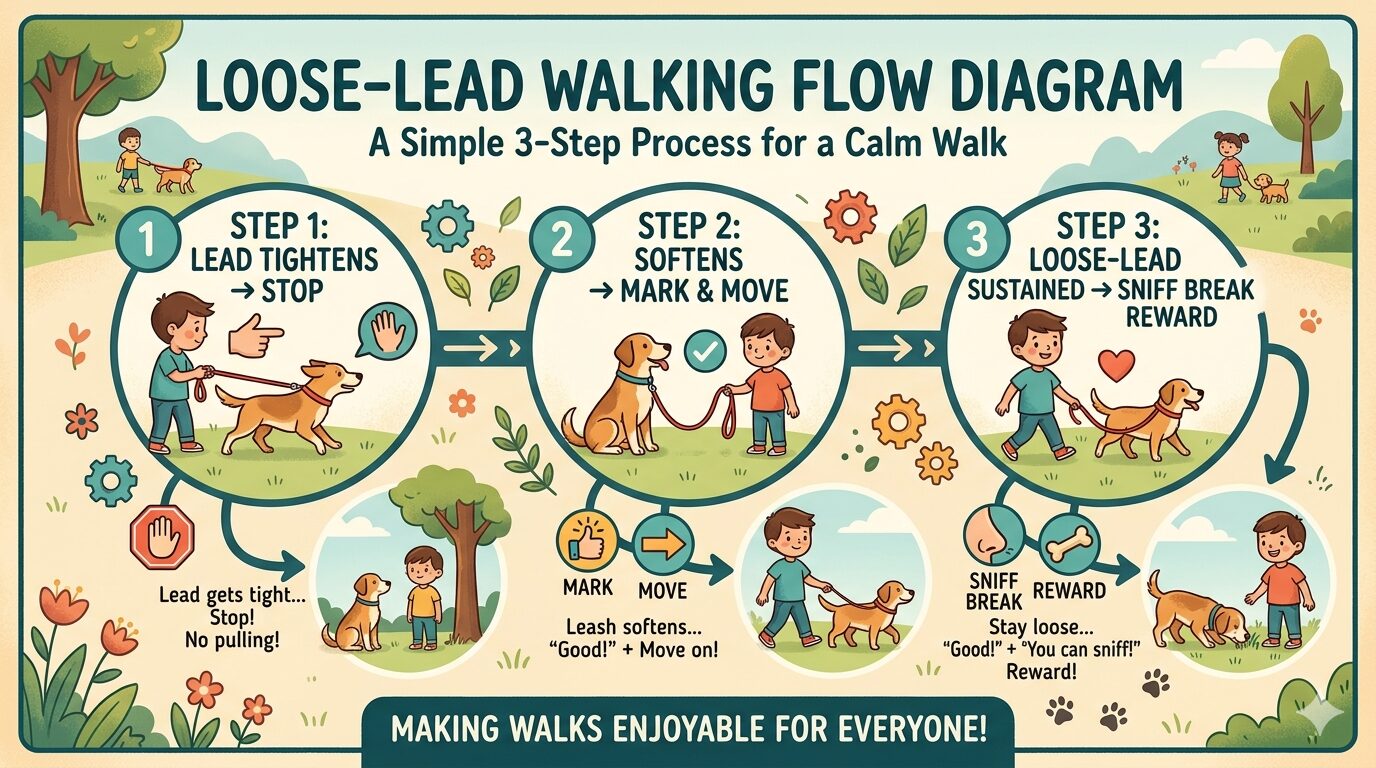 Three-step loose-lead walking technique flow diagram for Beagle puppy unruliness on walks