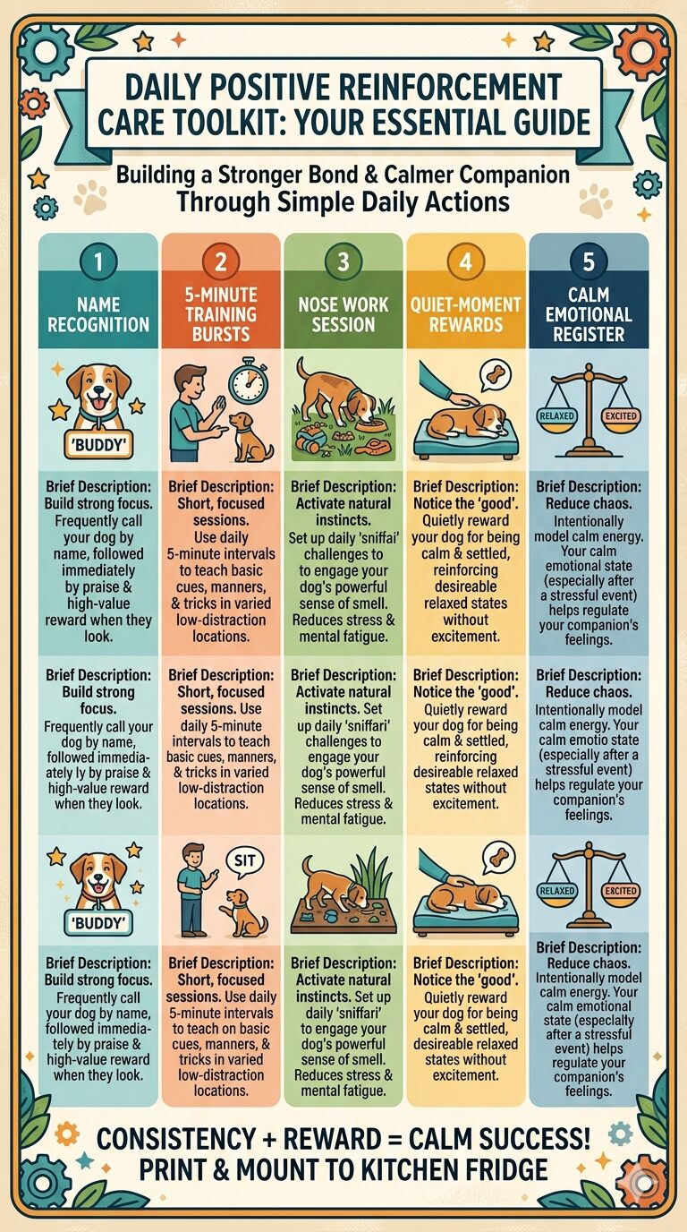 Beagle puppy daily positive reinforcement care toolkit showing five essential bonding and training activities