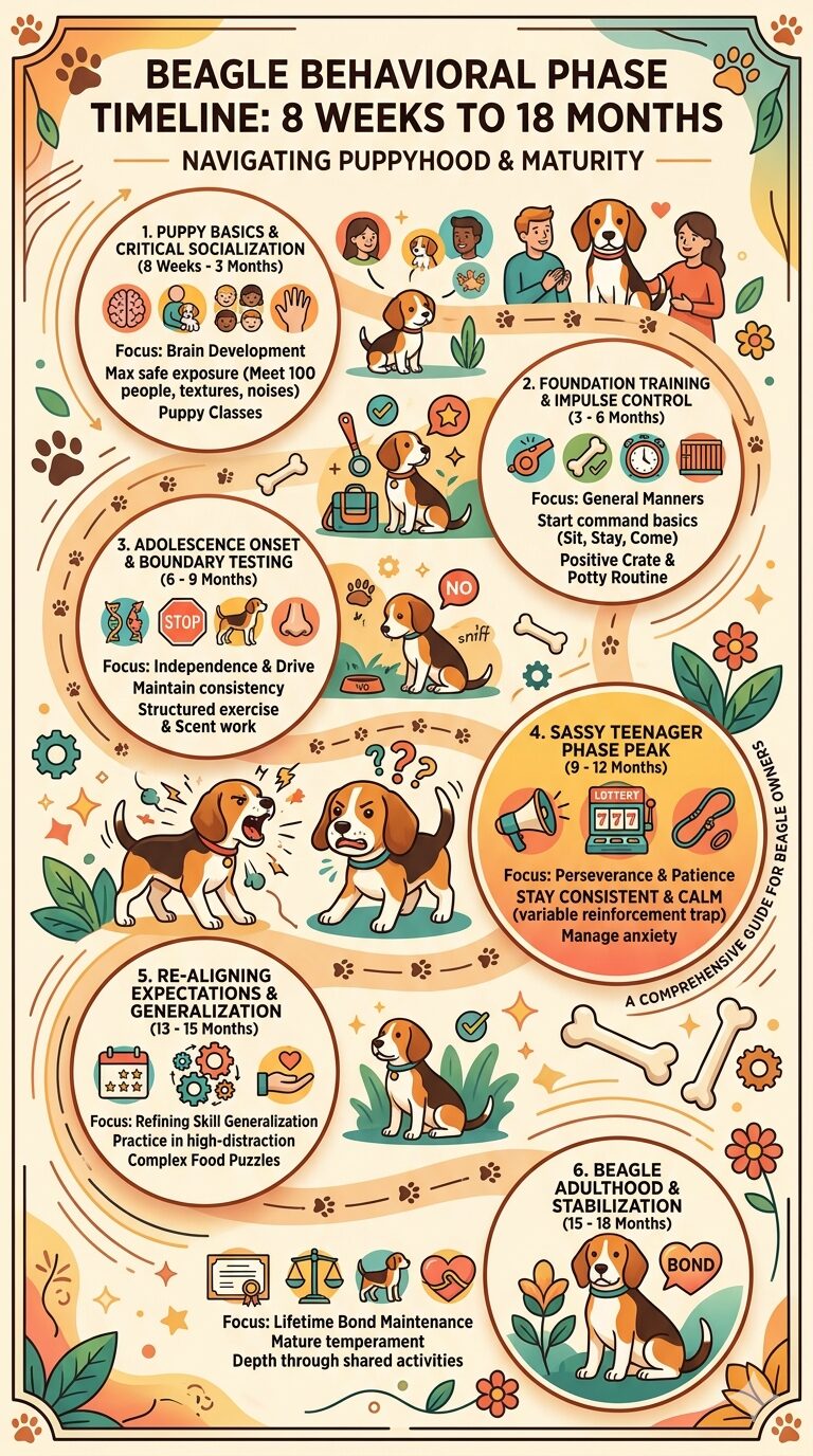 Beagle puppy developmental timeline from 8 weeks to 18 months showing sassy teenager phase milestones