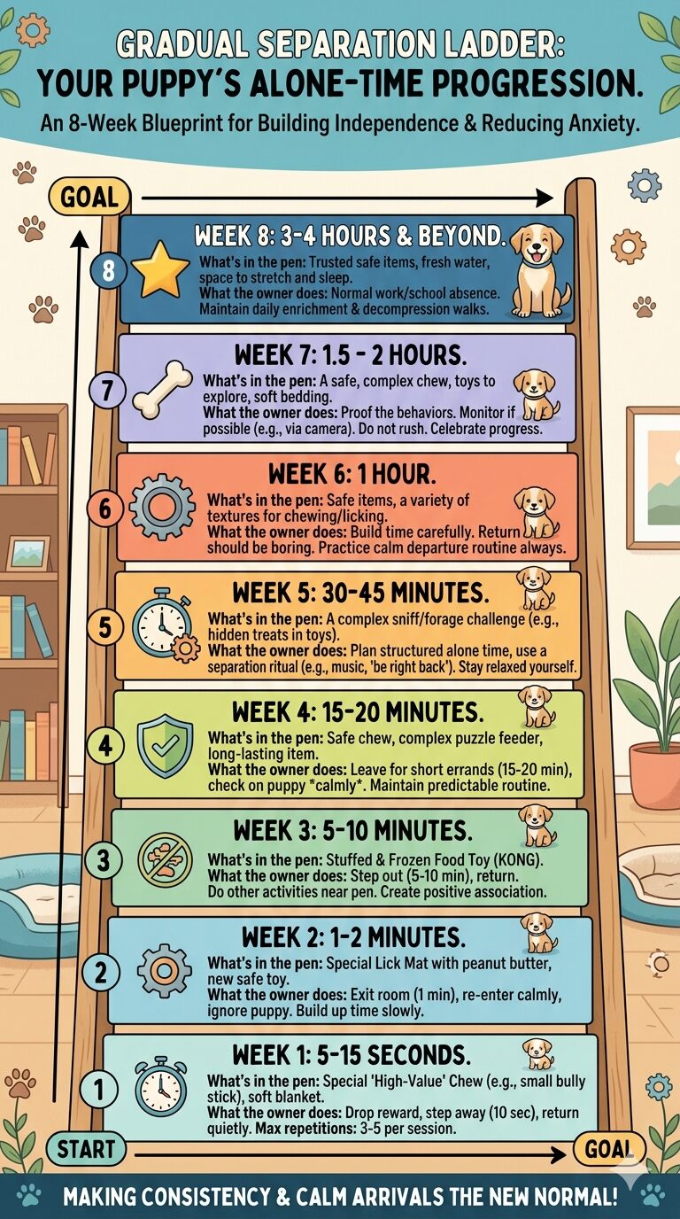 Eight-week gradual separation training ladder for Beagle puppies building from one minute to two hours alone