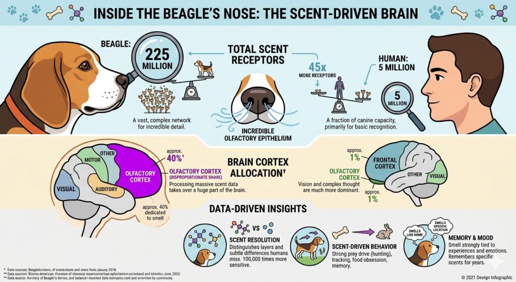 Beagle Behavior Guide. Beagle scent receptor comparison infographic showing 225 million receptors versus human olfactory capacity