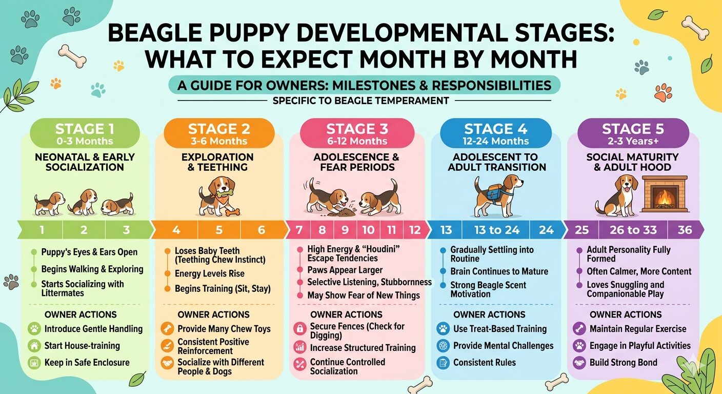 Beagle puppy developmental stage timeline showing behavior changes and training priorities from birth to maturity