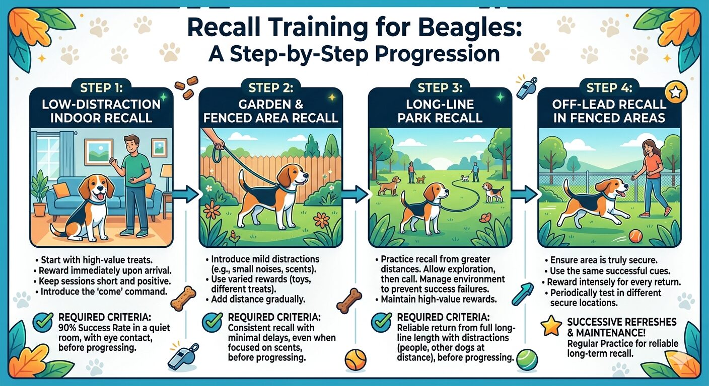 Step-by-step beagle recall training progression from indoor to outdoor environments using positive reinforcement