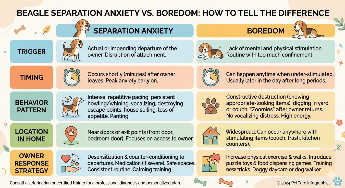 Beagle separation anxiety versus boredom comparison chart showing behavioral signals and management strategies
