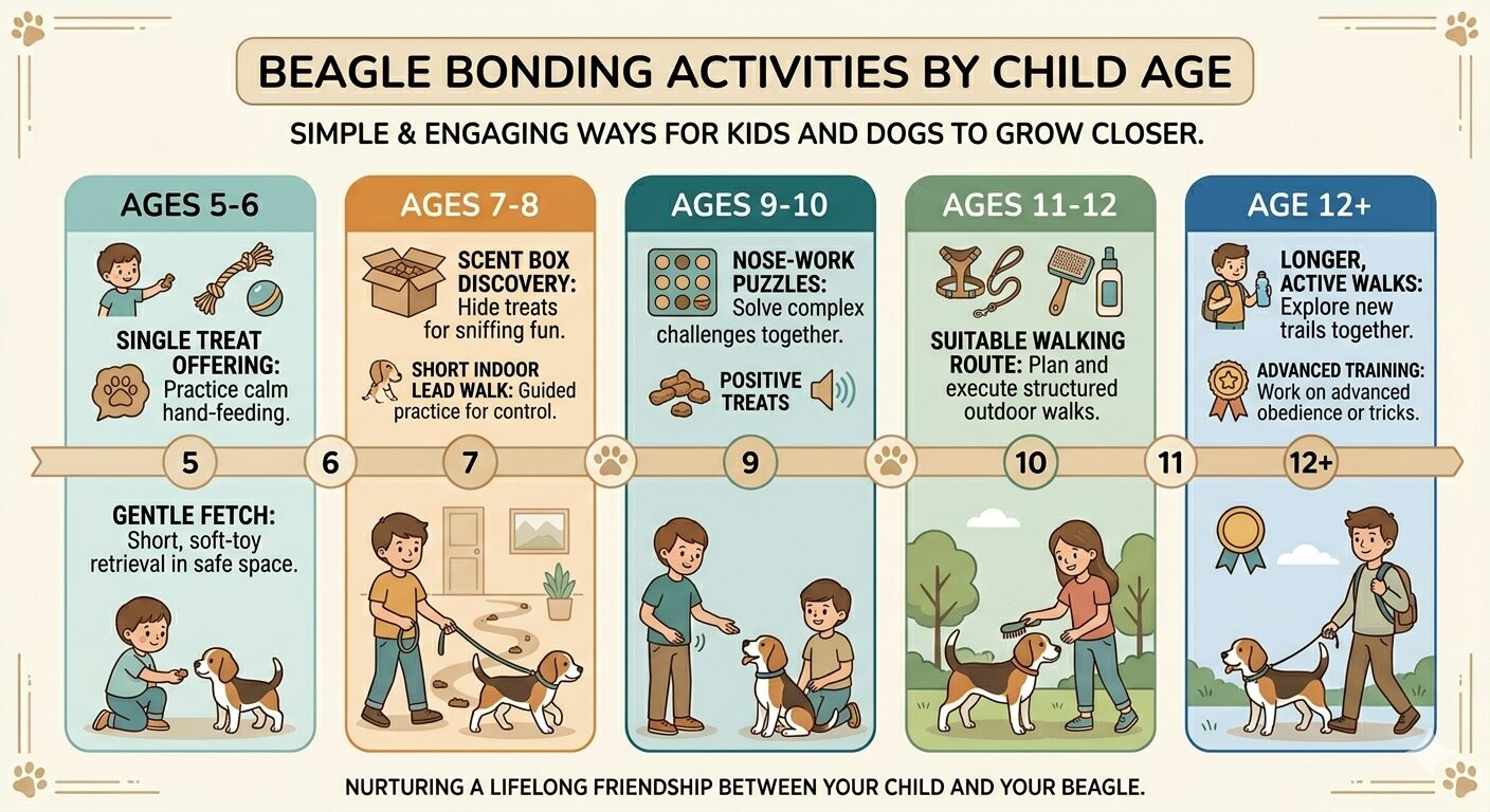 Beagles in Family Homes. Timeline of family bonding activities for Beagles and children from age five to teenage years