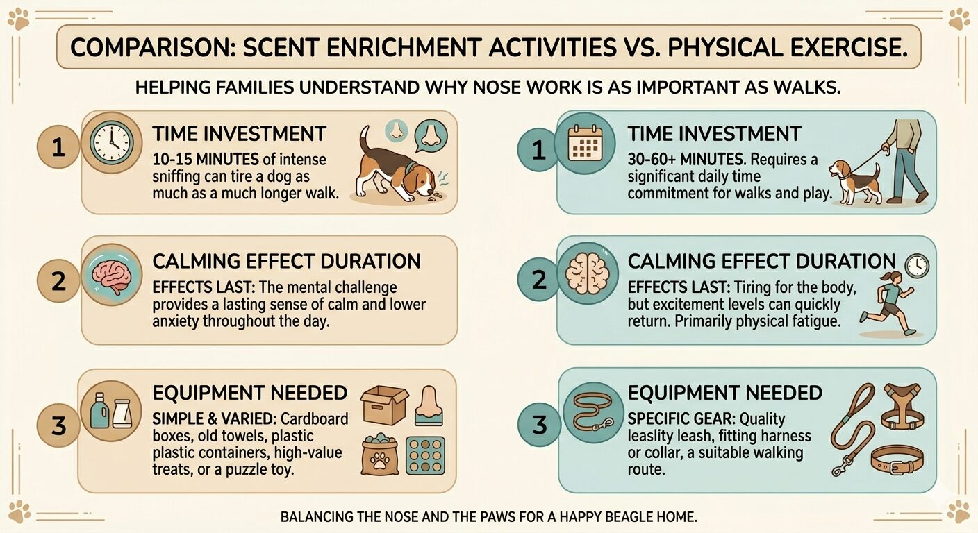 Beagles in Family Homes. Comparison of Beagle scent enrichment and physical exercise showing calming effect duration