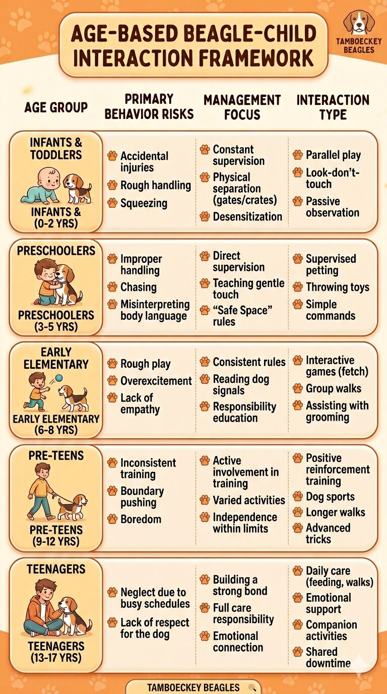 Beagles in Family Homes. Age-based table showing beagles with kids interaction risks and management by child's age group