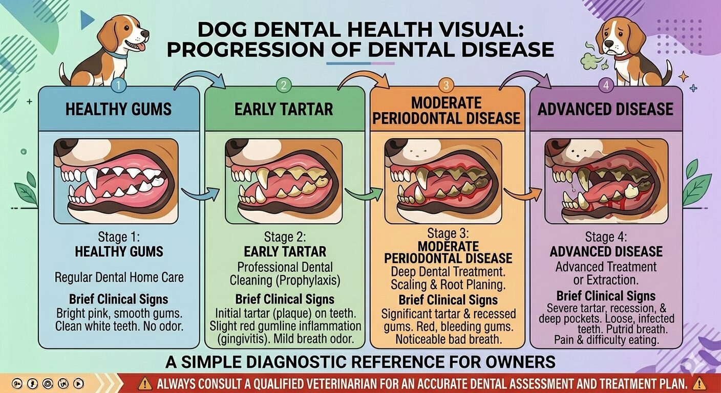 Beagle dental health progression comparison showing four stages from healthy gums to advanced disease