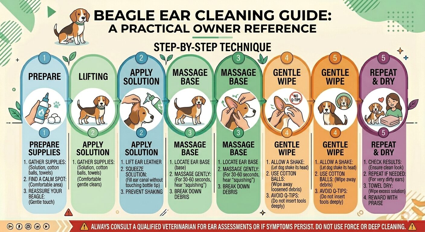 Step-by-step Beagle ear cleaning process showing five stages of correct veterinary-approved technique