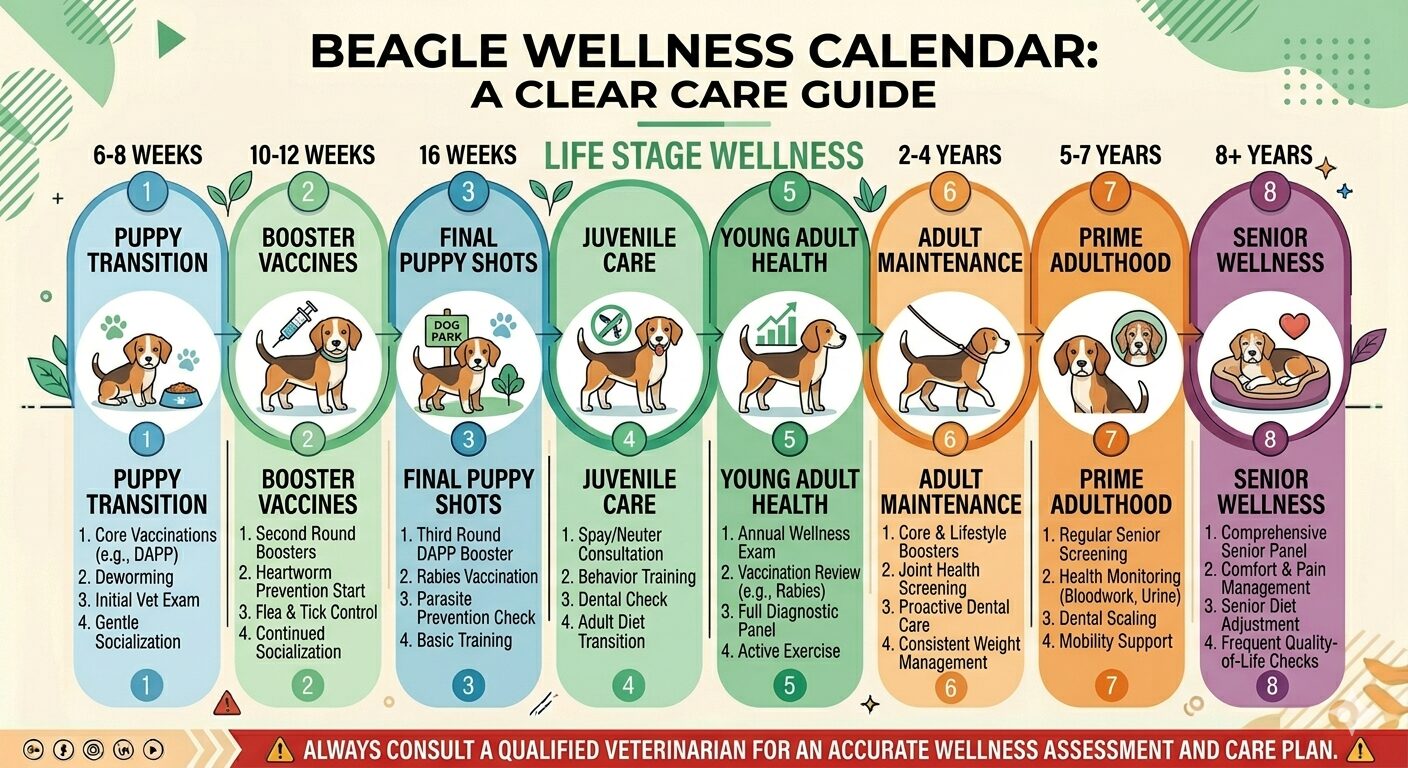 Beagle health and wellness calendar timeline showing key veterinary actions from puppy to senior