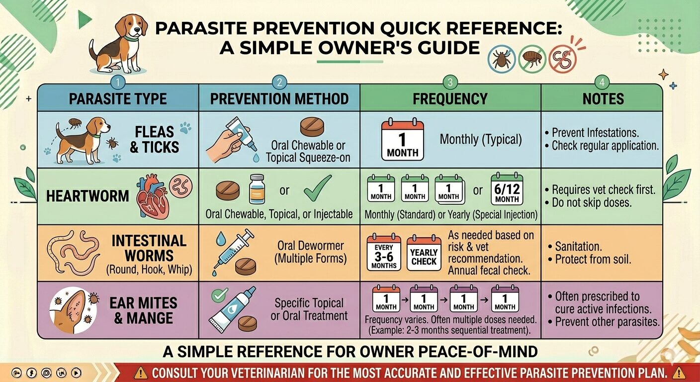 Beagle parasite prevention table showing heartworm flea tick and intestinal worm treatment frequency