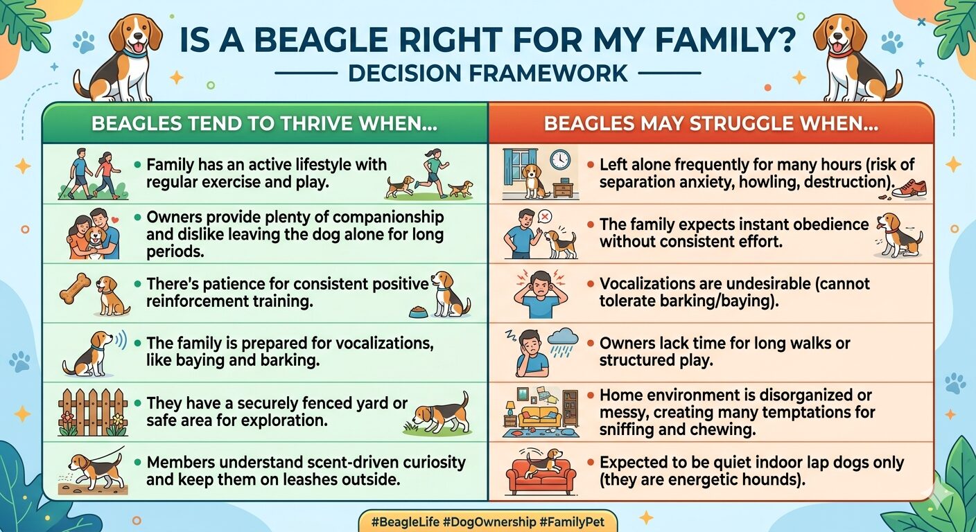 Are Beagles Good Family Dogs, "Decision framework comparing family scenarios where Beagles thrive versus struggle"