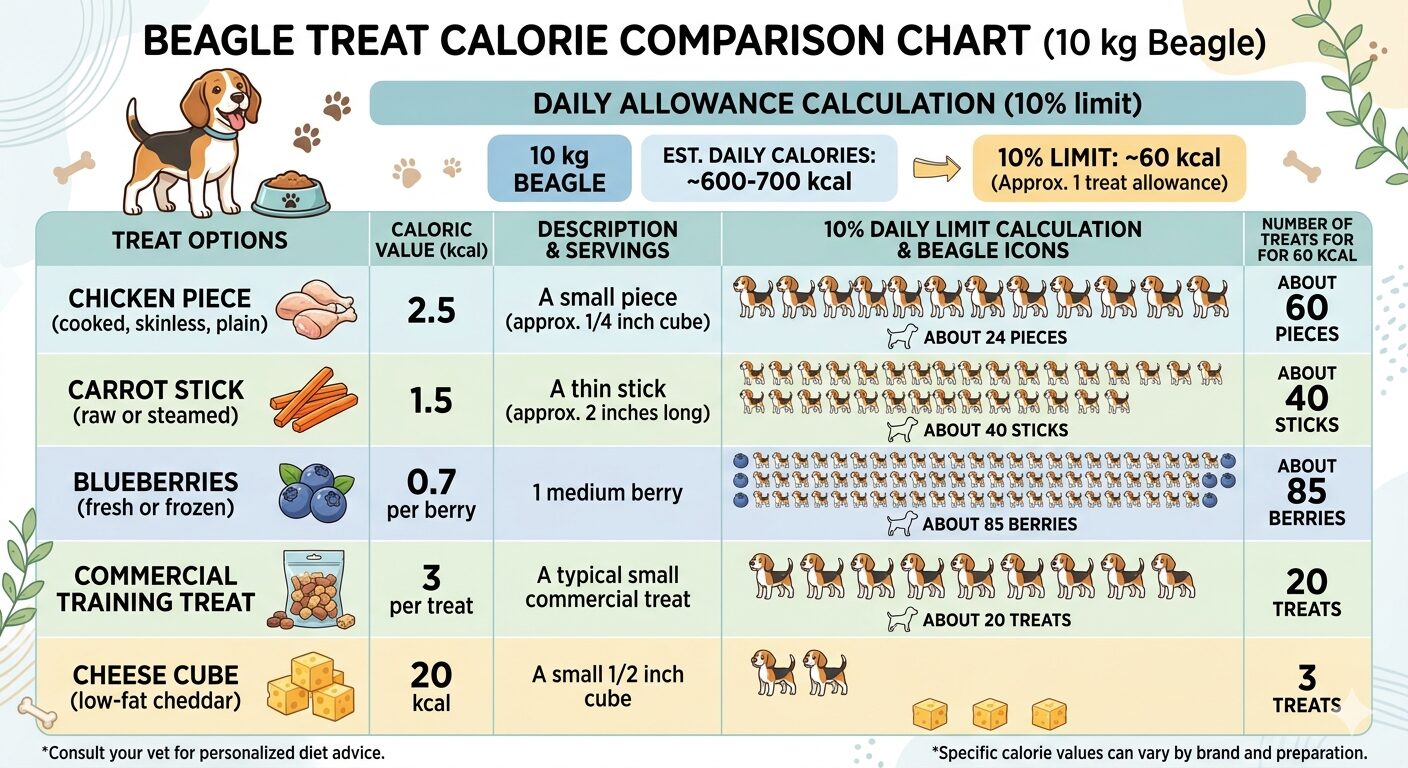 Beagle Nutrition Essentials. Beagle treat calorie comparison showing safe treat options against daily 10 percent calorie allowance.