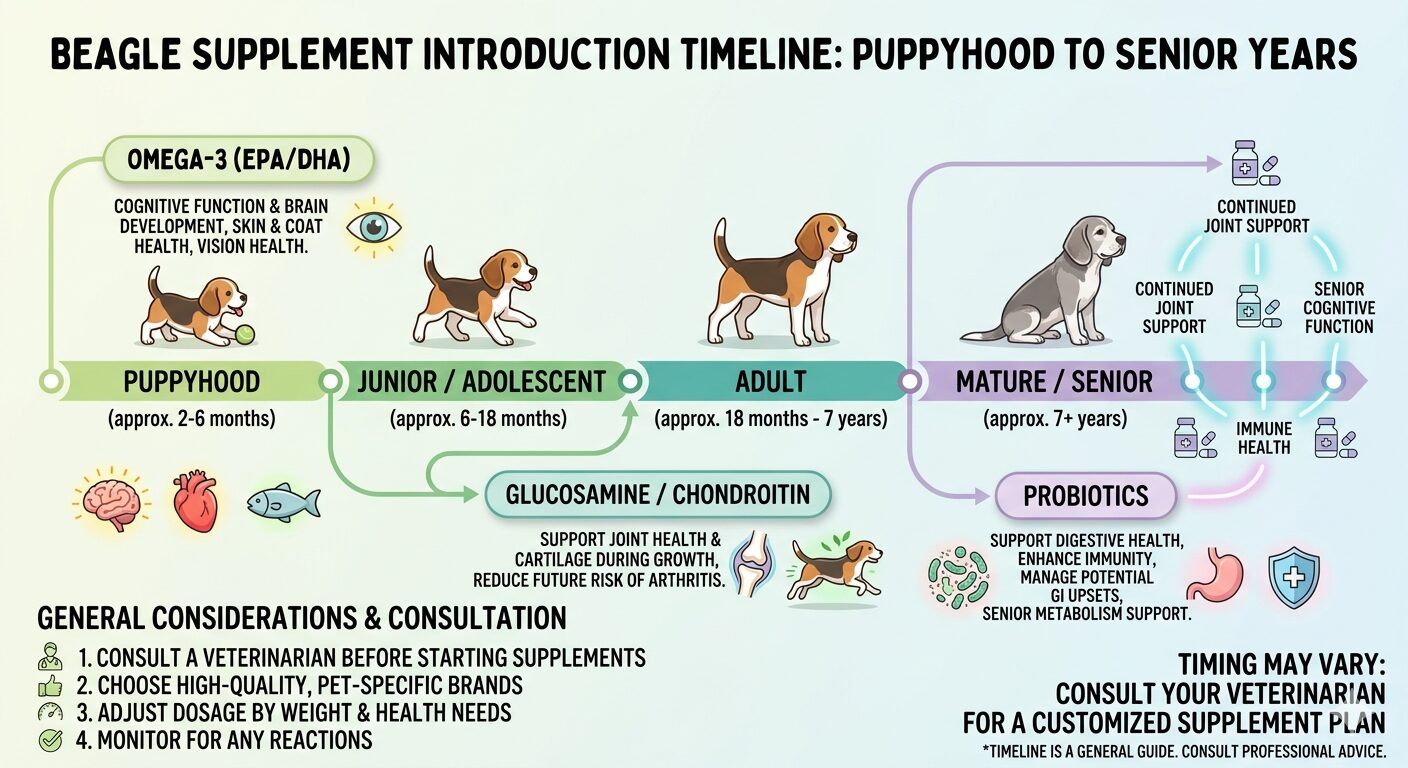 Beagle Nutrition Essentials, Beagle supplement introduction timeline from puppy to senior showing omega-3 glucosamine and probiotic stages