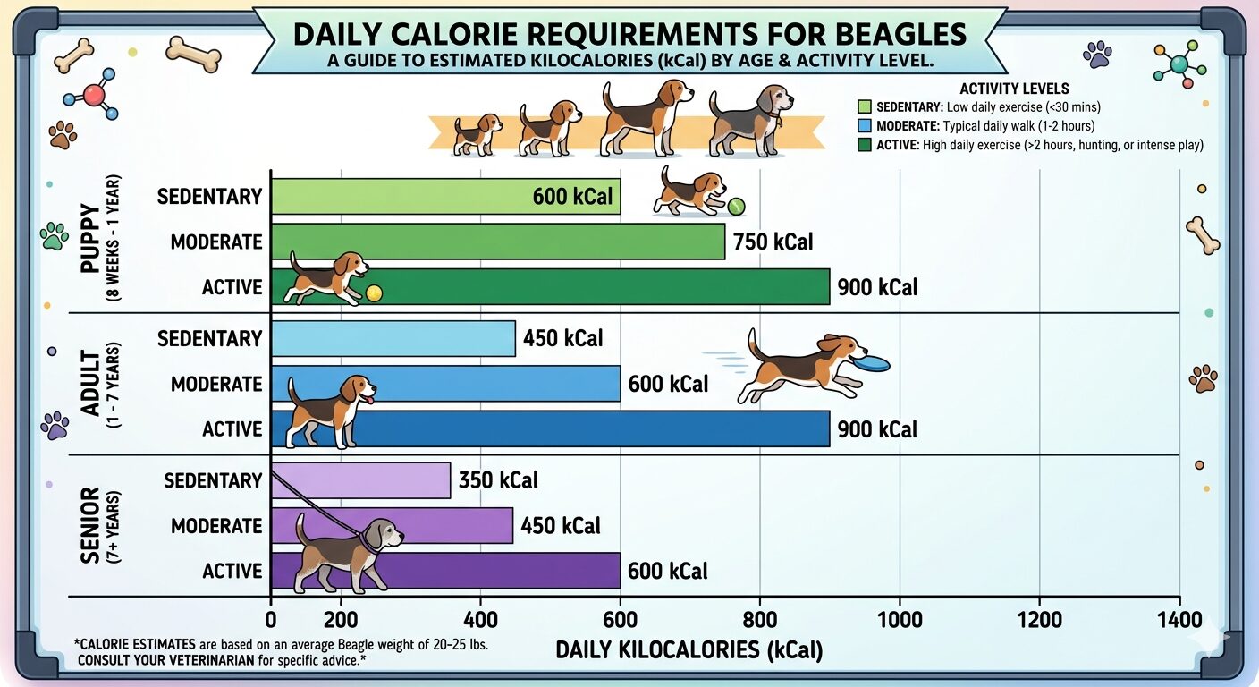 Beagle Nutrition Essentials. Daily calorie requirements chart for Beagles across puppy adult and senior life stages by activity level