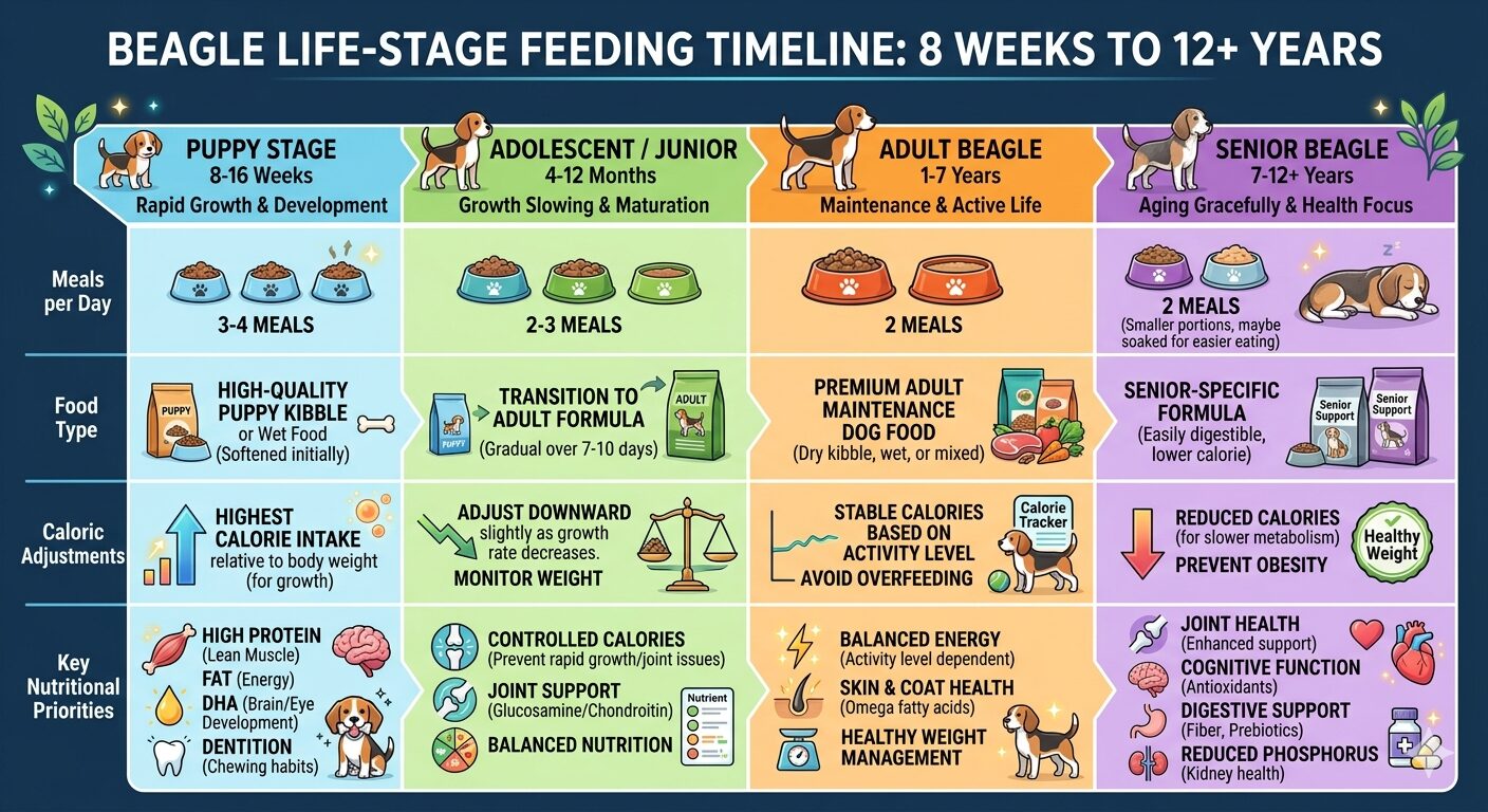 Beagle Nutrition Essentials. Beagle life-stage nutrition timeline from puppy through senior showing feeding frequency and caloric adjustments 