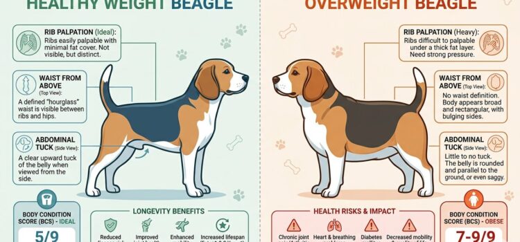 Progesterone Testing In Dogs. Beagle Nutrition Essentials. Healthy weight versus overweight Beagle silhouette comparison with body condition score indicators