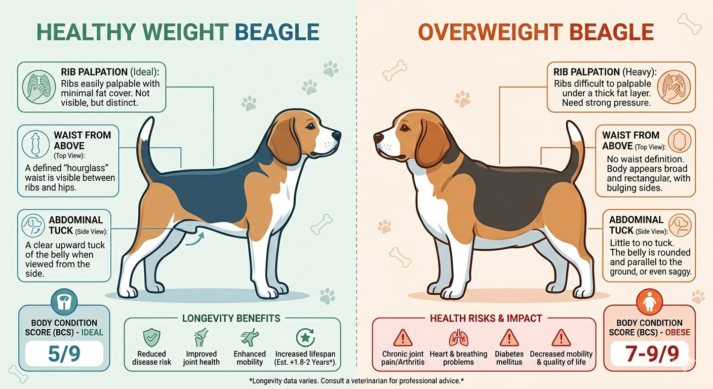 Beagle Nutrition Essentials. Healthy weight versus overweight Beagle silhouette comparison with body condition score indicators