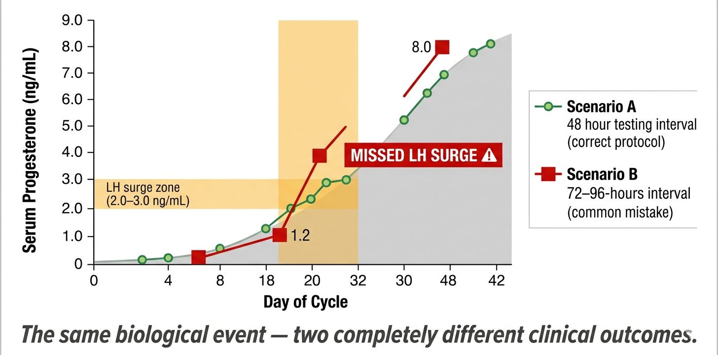 Progesterone Testing In Dogs. "Comparison line graph showing two testing frequency scenarios on the same canine progesterone curve: Scenario A with 48-hour testing intervals correctly capturing the LH surge milestone, and Scenario B with 72 to 96-hour intervals missing the LH surge entirely with a missed LH surge annotation highlighted in red."