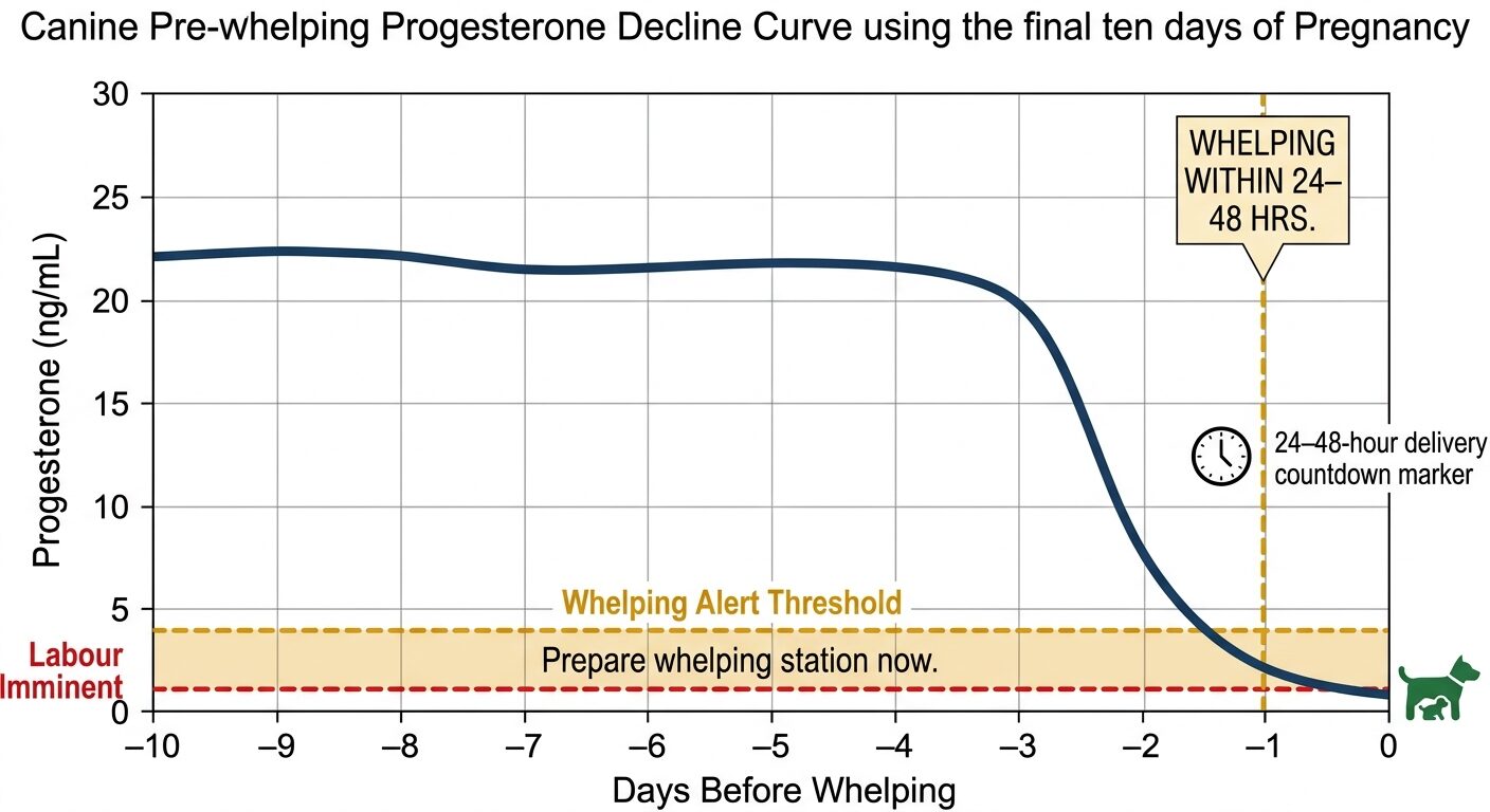 Progesterone Testing In Dogs. "Annotated line graph showing the canine pre-whelping progesterone decline from approximately 20 to 25 nanograms per millilitre ten days before delivery to below 2 nanograms per millilitre at the whelping alert threshold, with a 24 to 48 hour delivery countdown marker and a birth icon at Day 0."