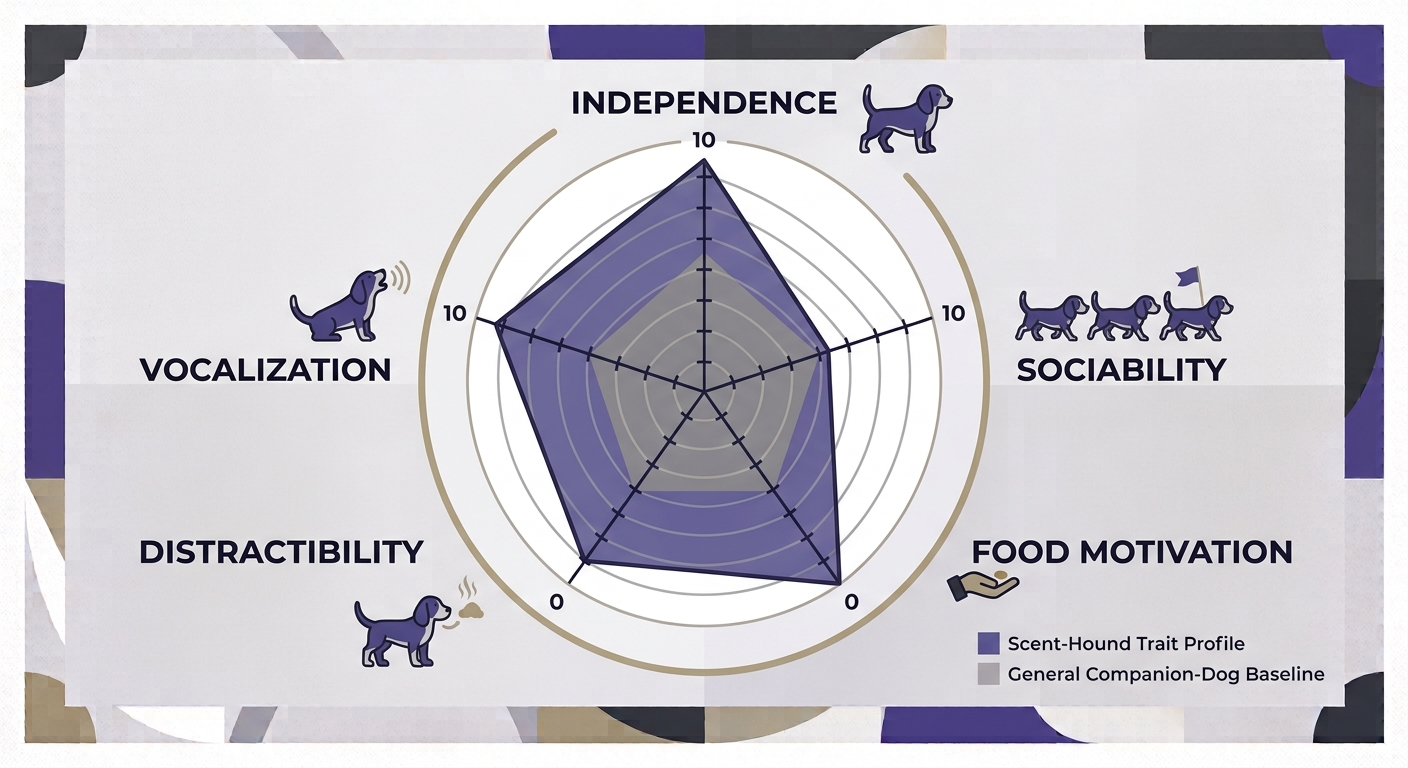 Beagle Personality Science. Radar chart comparing beagle average trait scores to general companion-dog baseline.
