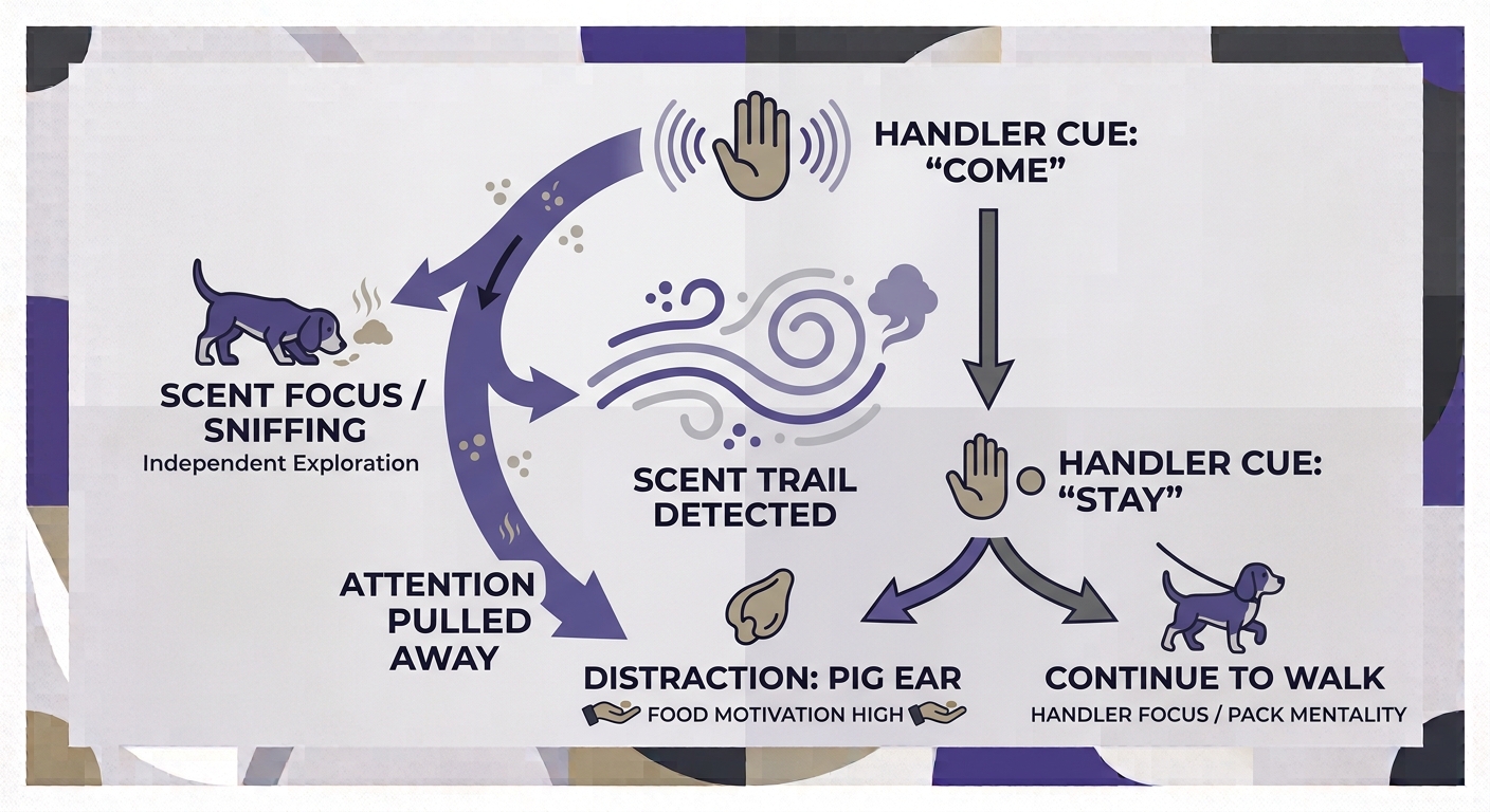 Beagle Personality Science.Diagram showing how a strong scent trail overrides a beagle's attention to recall cues.