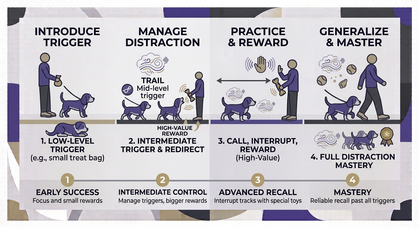 Beagle Personality Science. Four-step illustration of building reliable recall against a strong scent trail.