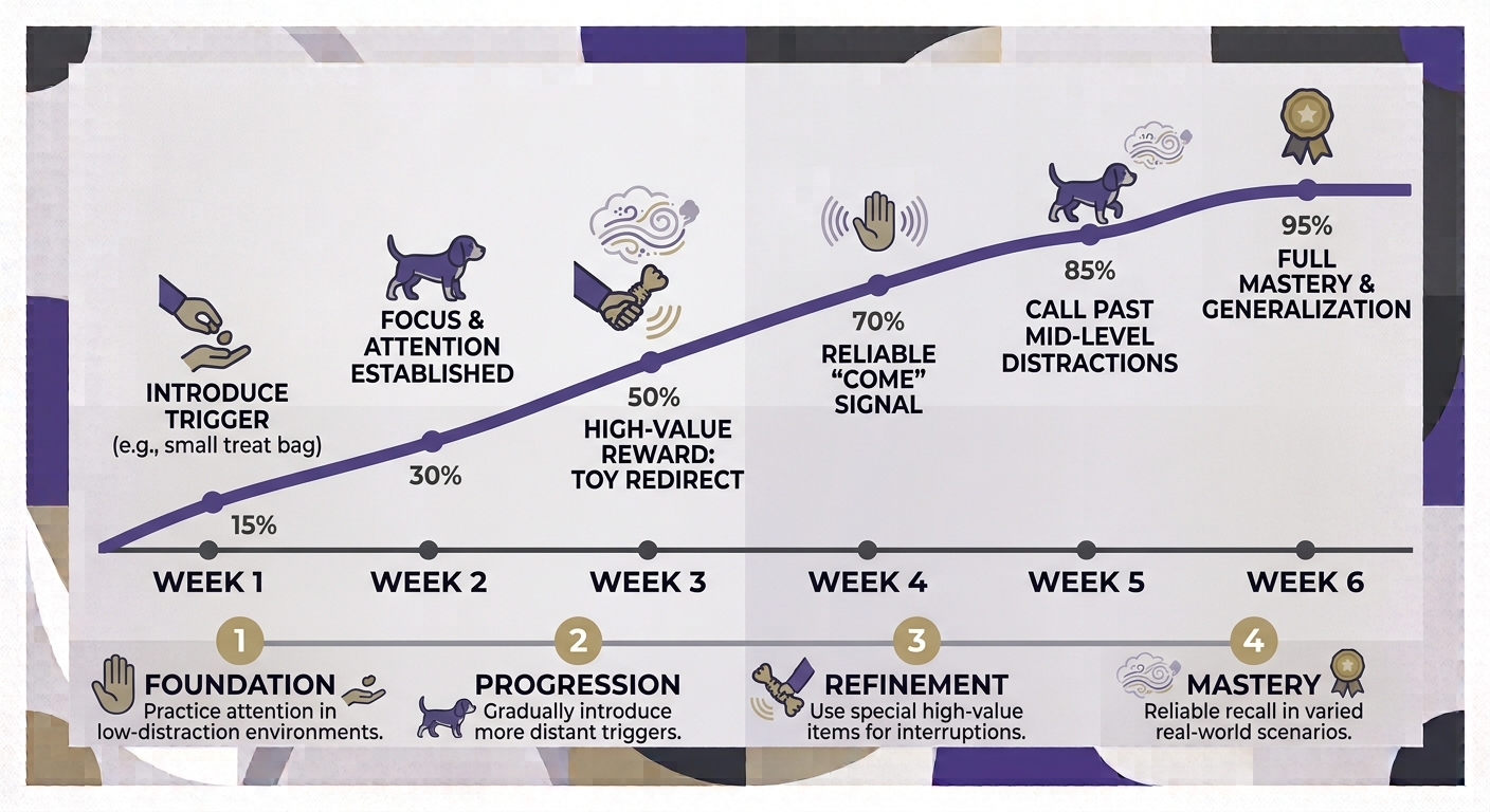 Beagle Personality Science. Timeline chart of a beagle's off-leash recall reliability improving over a structured training plan.